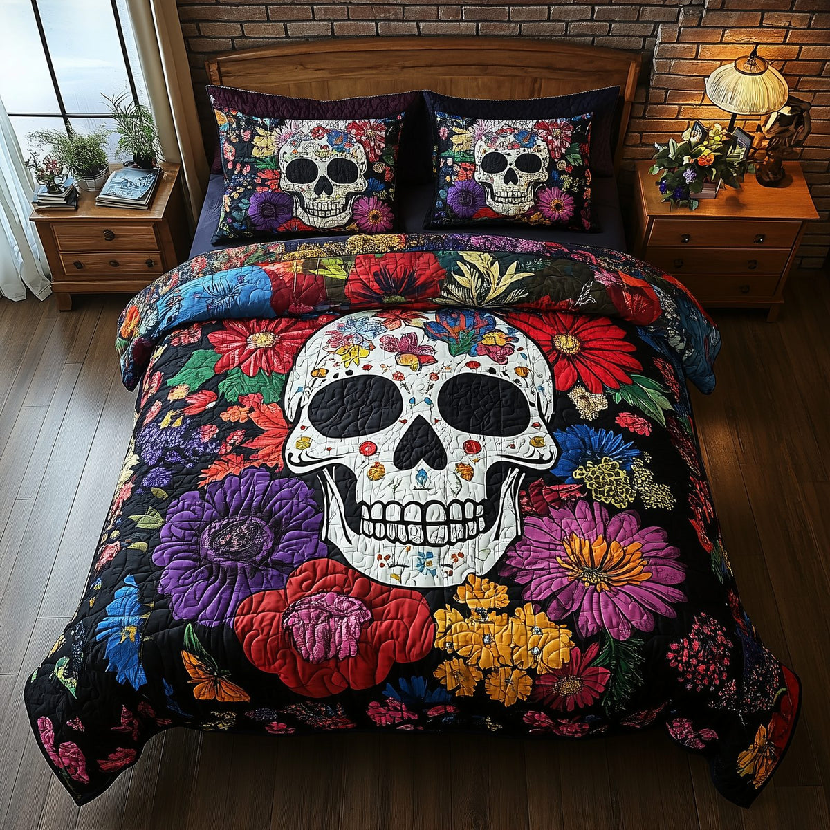Floral Skull quilted 3-piece bedding set on a made bed against a dark styled interior