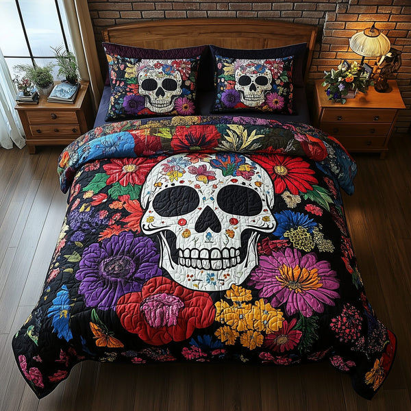Floral Skull quilted 3-piece bedding set on a made bed against a dark styled interior