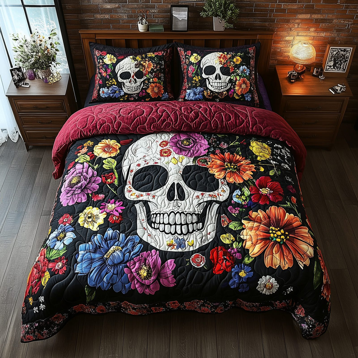 Floral Skull quilted 3-piece bedding set on a made bed against a dark styled interior