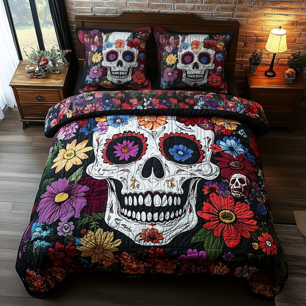 Floral Skull quilted 3-piece bedding set on a made bed against a dark styled interior
