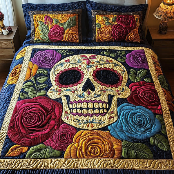 Floral Skull quilted 3-piece bedding set on a made bed against a dark styled interior
