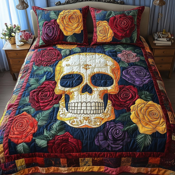 Floral Skull quilted 3-piece bedding set on a made bed against a dark styled interior