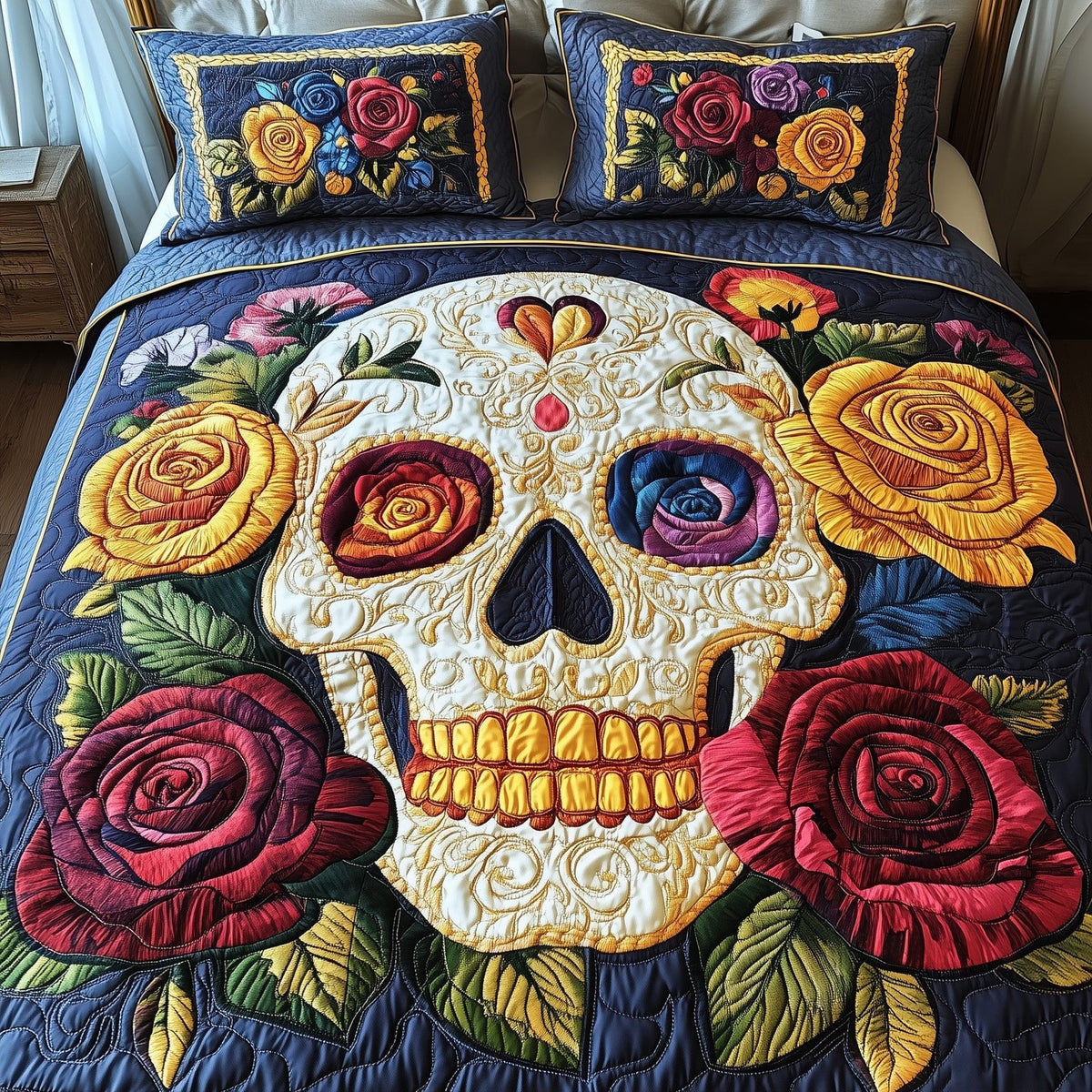 Floral Skull quilted 3-piece bedding set on a made bed against a dark styled interior