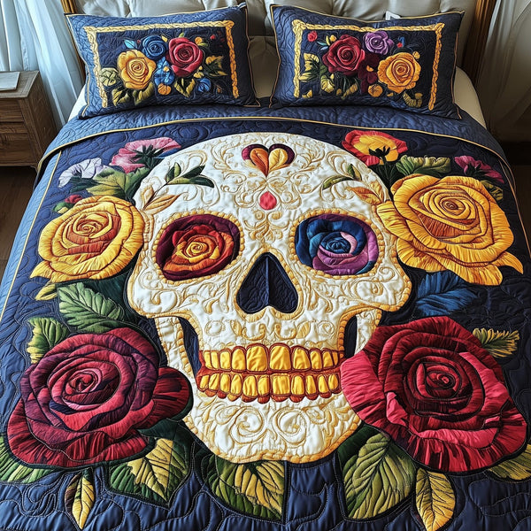 Floral Skull quilted 3-piece bedding set on a made bed against a dark styled interior