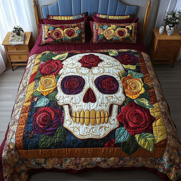 Floral Skull quilted 3-piece bedding set on a made bed against a dark styled interior