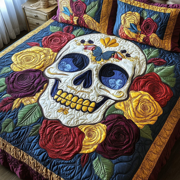 Floral Skull quilted 3-piece bedding set on a made bed against a dark styled interior