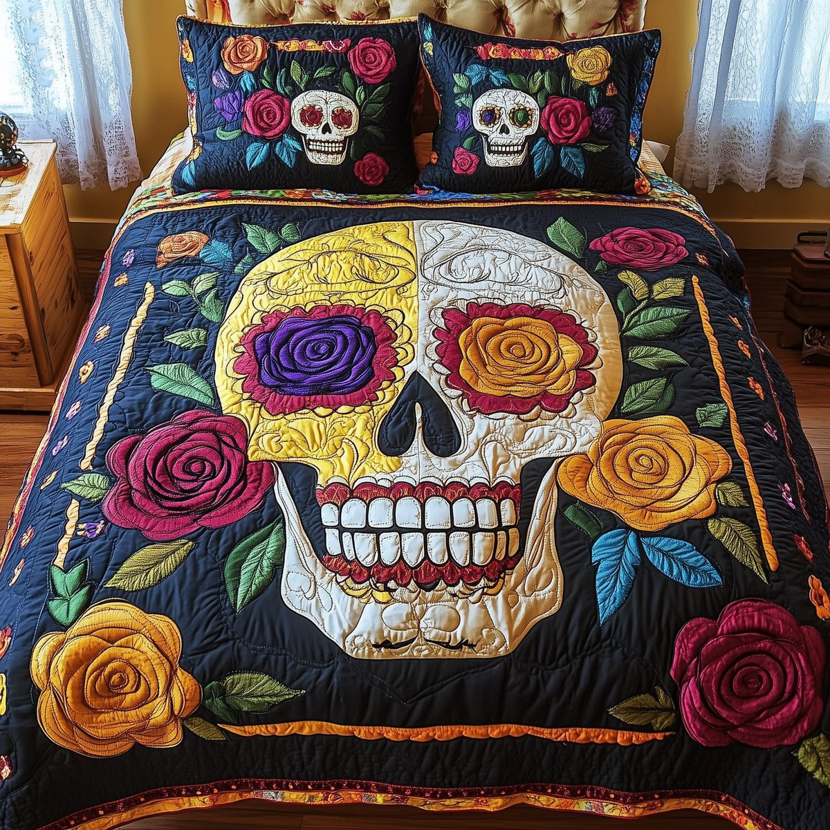 Floral Skull quilted 3-piece bedding set on a made bed against a dark styled interior
