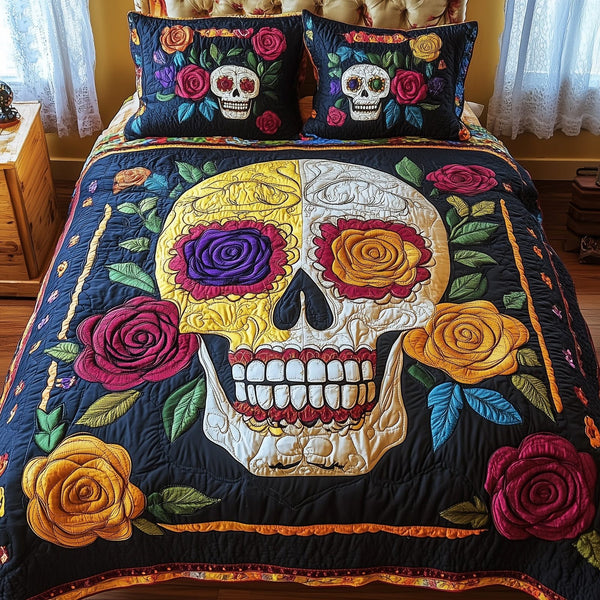 Floral Skull quilted 3-piece bedding set on a made bed against a dark styled interior