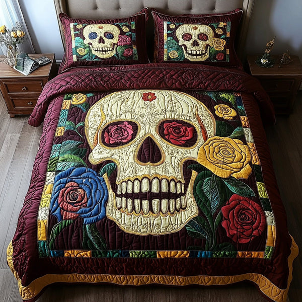 Floral Skull quilted 3-piece bedding set on a made bed against a dark styled interior