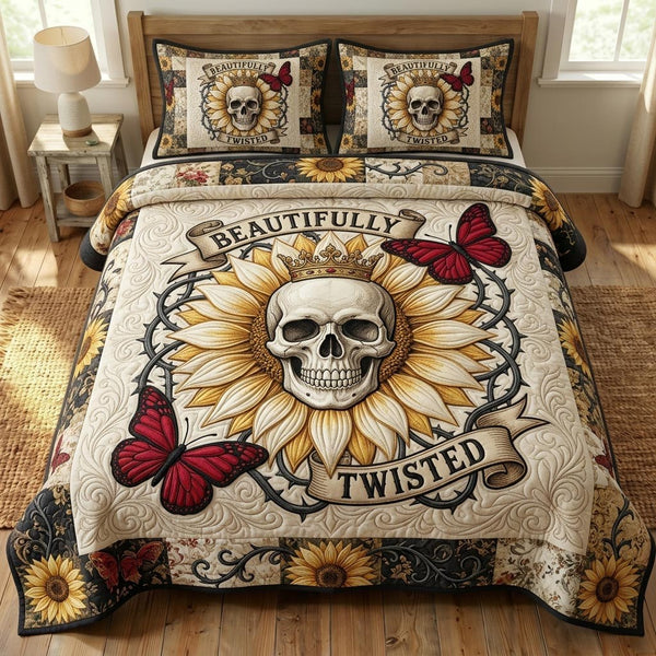Floral Skull quilted 3-piece bedding set on a made bed against a dark styled interior