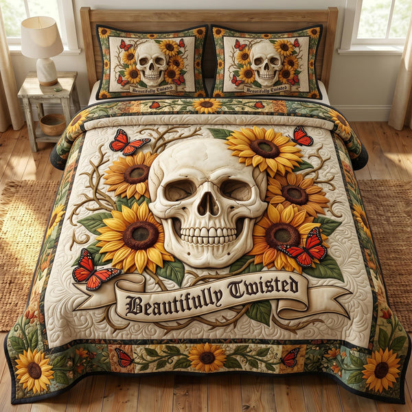 Floral Skull quilted 3-piece bedding set on a made bed against a dark styled interior