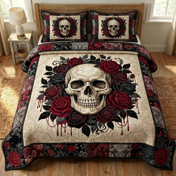 Floral Skull quilted 3-piece bedding set on a made bed against a dark styled interior