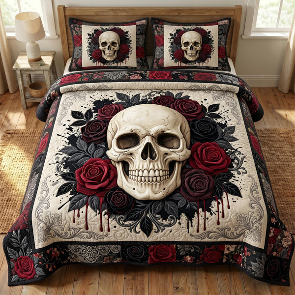 Floral Skull quilted 3-piece bedding set on a made bed against a dark styled interior