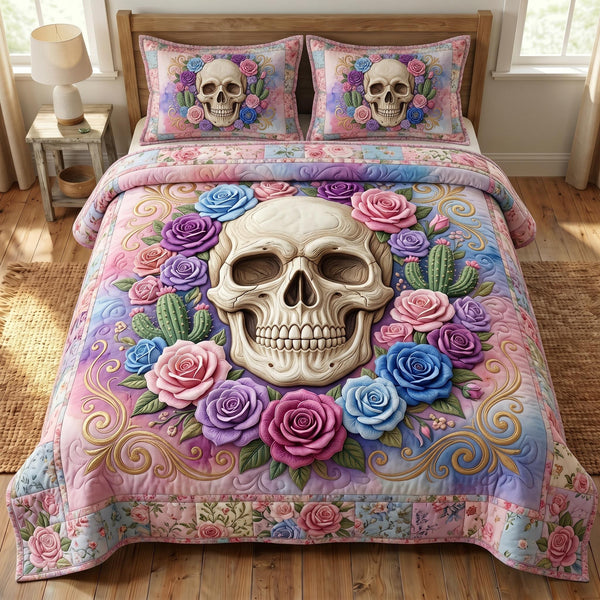 Floral Skull quilted 3-piece bedding set on a made bed against a dark styled interior
