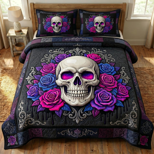 Floral Skull quilted 3-piece bedding set on a made bed against a dark styled interior