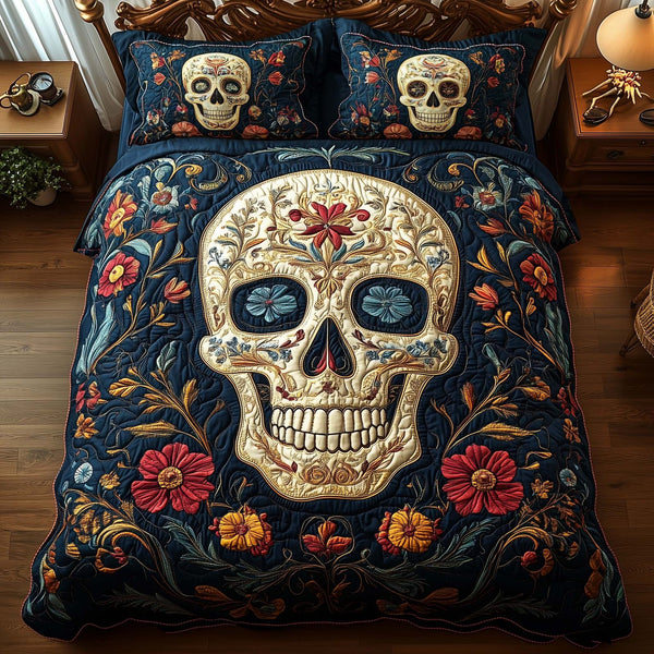 Floral Skull quilted 3-piece bedding set on a made bed against a dark styled interior