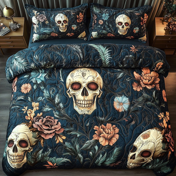 Floral Skull quilted 3-piece bedding set on a made bed against a dark styled interior
