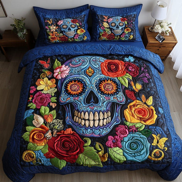 Floral Skull quilted 3-piece bedding set on a made bed against a dark styled interior