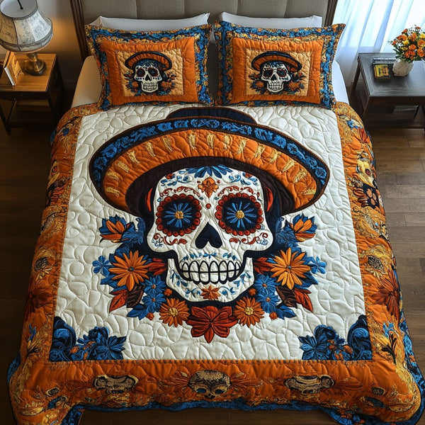 Floral Skull quilted 3-piece bedding set on a made bed against a dark styled interior