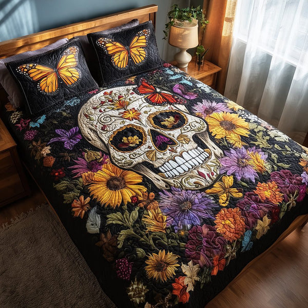 Floral Skull quilted 3-piece bedding set on a made bed against a dark styled interior