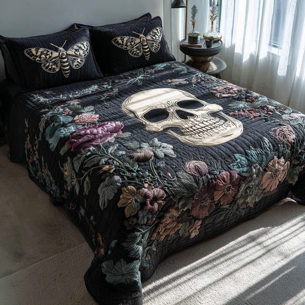Floral Skull quilted 3-piece bedding set on a made bed against a dark styled interior