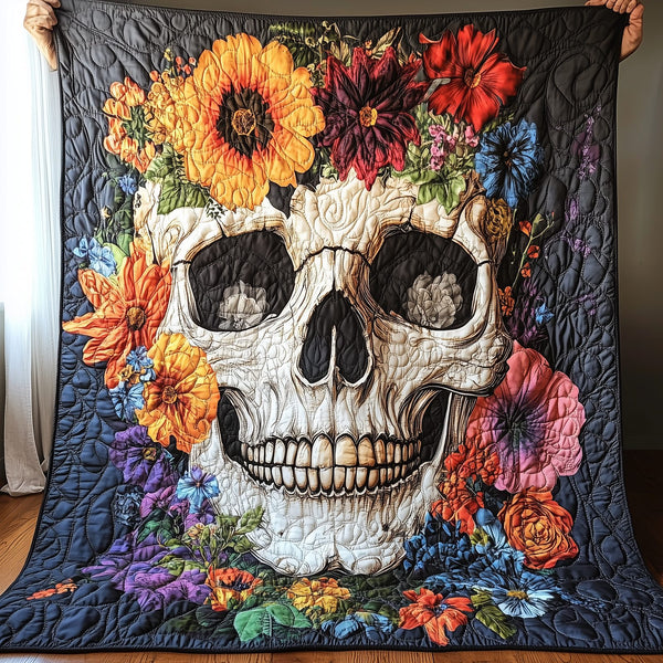 Floral Skull Quilted Blanket quilted 3-piece bedding set on a made bed against a dark styled interior