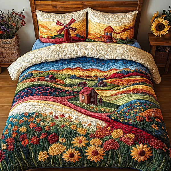 Floral Sky quilted 3-piece bedding set on a made bed with two matching pillow shams