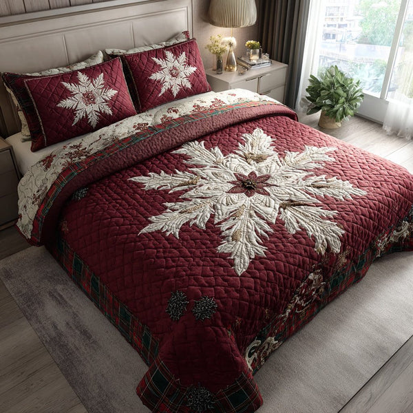 Floral Snowflake Cascade quilted 3-piece bedding set on a made bed in a winter-styled bedroom