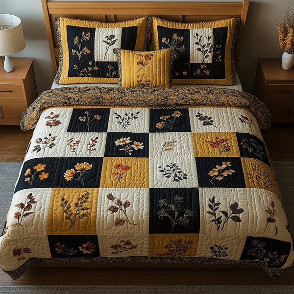 Floral Square quilted 3-piece bedding set on a made bed with two matching pillow shams