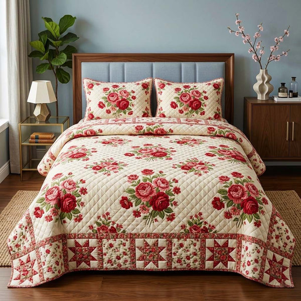 Floral Star quilted 3-piece bedding set on a made bed with two matching pillow shams