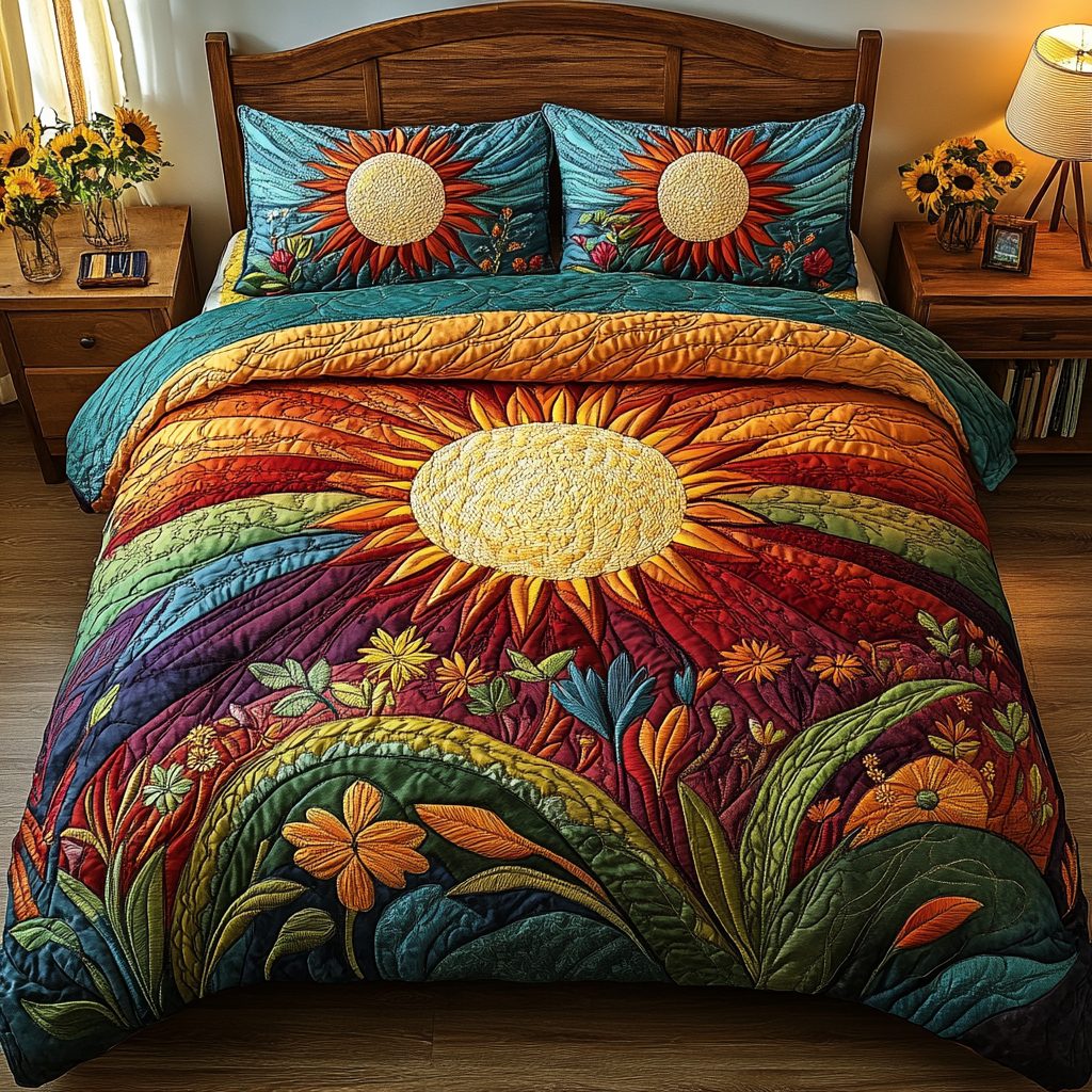 Floral Sun quilted 3-piece bedding set on a made bed with two matching pillow shams
