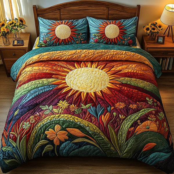 Floral Sun quilted 3-piece bedding set on a made bed with two matching pillow shams