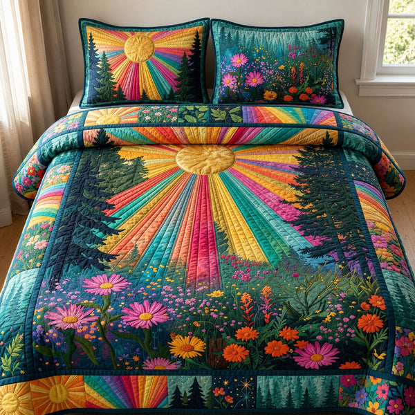 Floral Sunburst quilted 3-piece bedding set on a made bed with two matching pillow shams