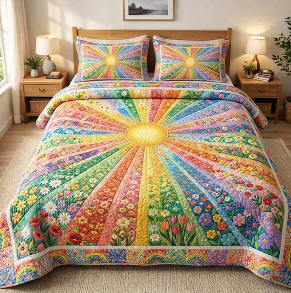 Floral Sunburst quilted 3-piece bedding set on a made bed with two matching pillow shams