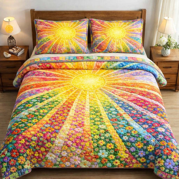 Floral Sunburst quilted 3-piece bedding set on a made bed with two matching pillow shams