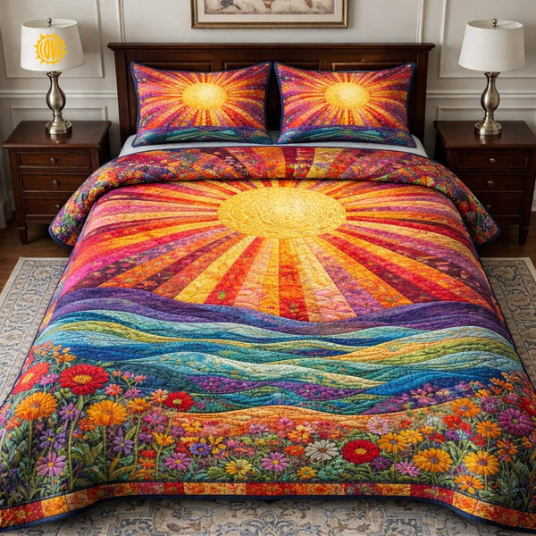 Floral Sunburst quilted 3-piece bedding set on a made bed with two matching pillow shams