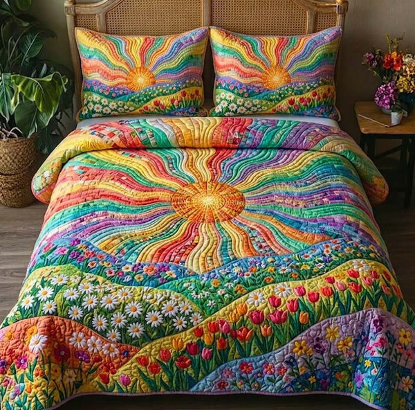 Floral Sunburst quilted 3-piece bedding set on a made bed with two matching pillow shams