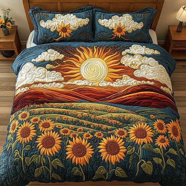 Floral Sunburst quilted 3-piece bedding set on a made bed with two matching pillow shams