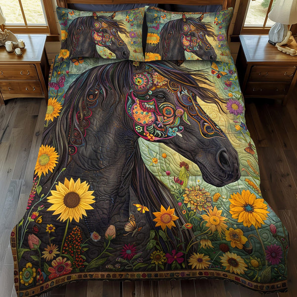 Floral Sunflower Horse quilted 3-piece bedding set on a made bed in a rustic timber bedroom