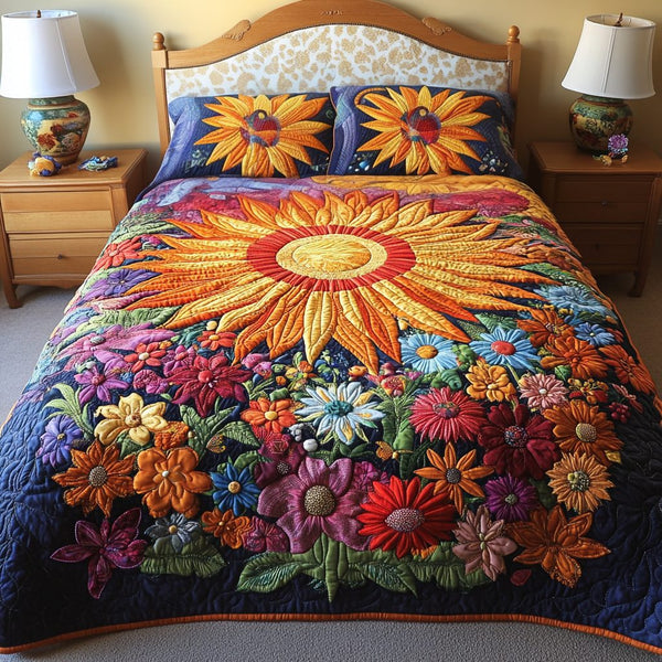 Floral Sunrise quilted 3-piece bedding set on a made bed with two matching pillow shams