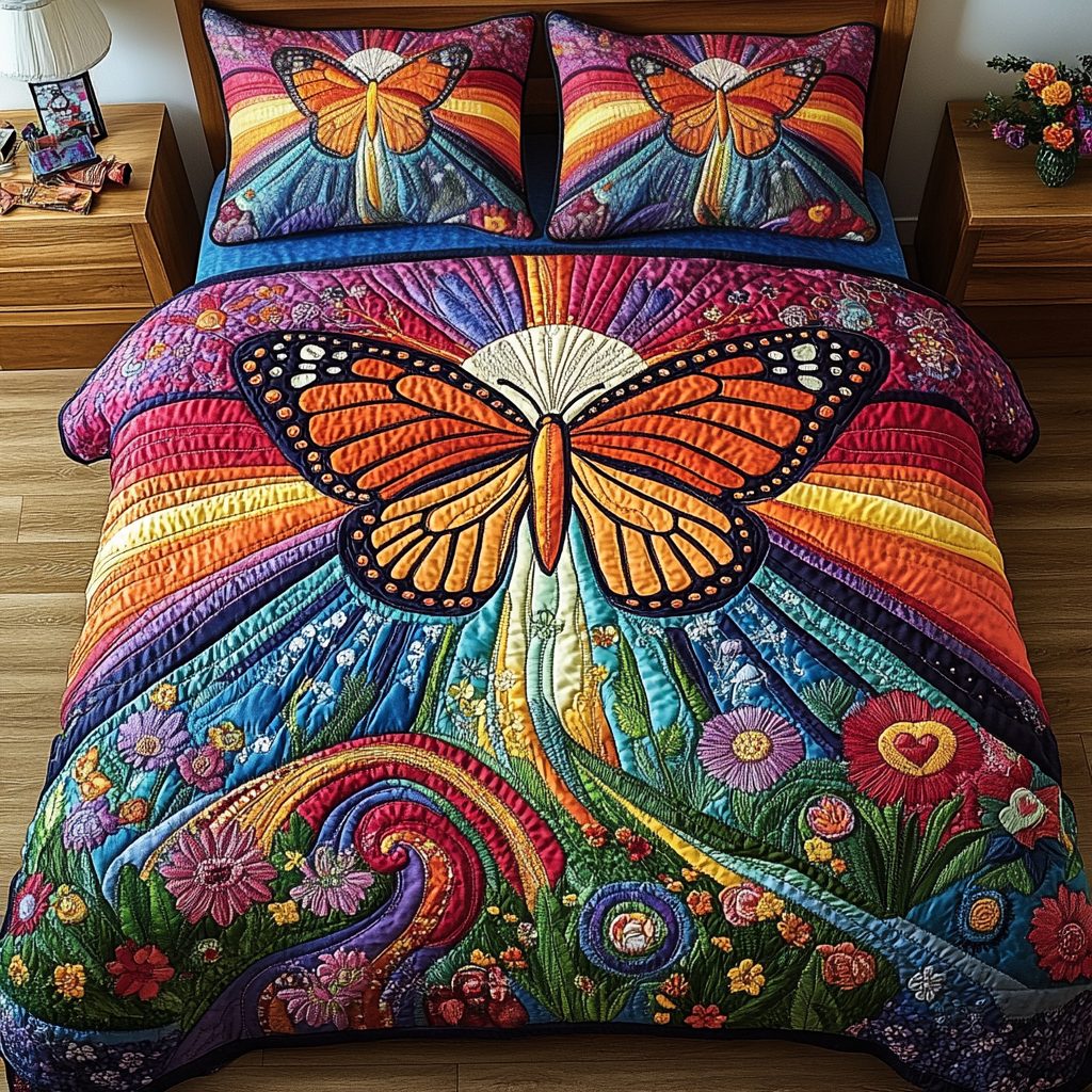 Floral Sunset quilted 3-piece bedding set on a made bed with two matching pillow shams