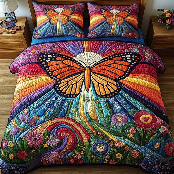 Floral Sunset quilted 3-piece bedding set on a made bed with two matching pillow shams
