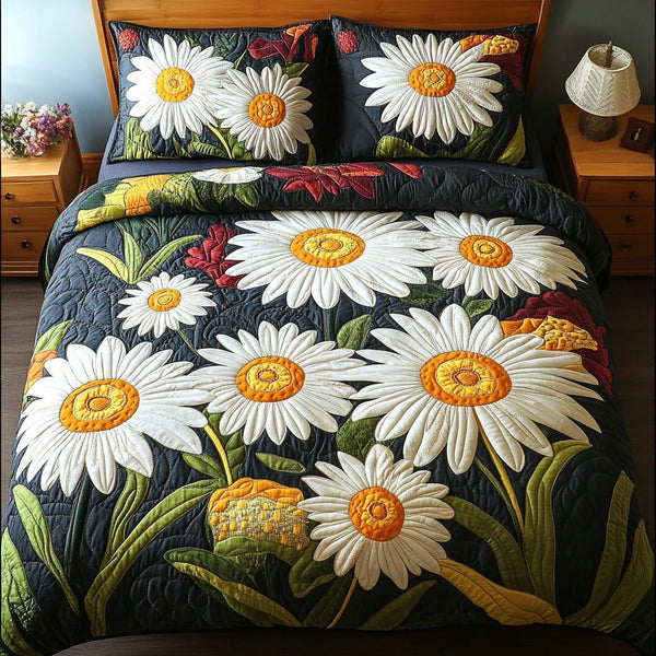 Floral Sunshine quilted 3-piece bedding set on a made bed with two matching pillow shams