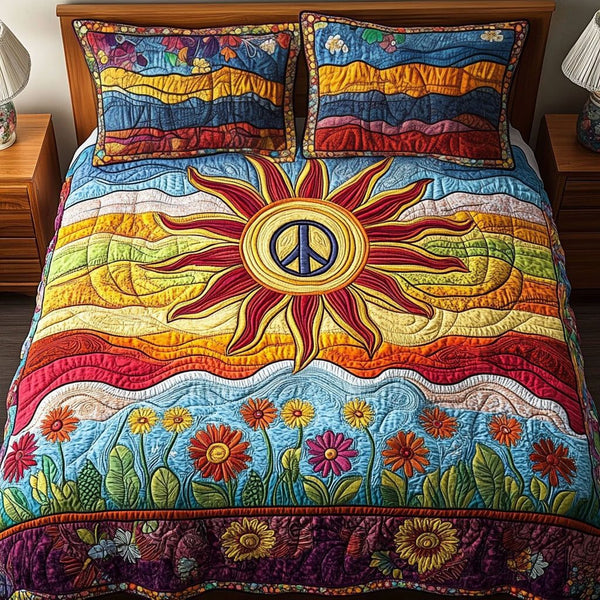 Floral Sunshine quilted 3-piece bedding set on a made bed with two matching pillow shams