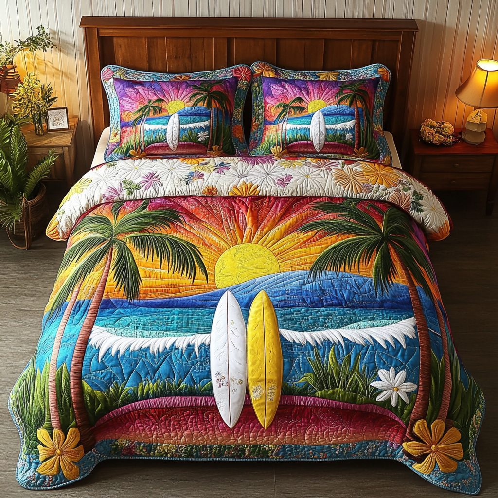 Floral Surf quilted 3-piece bedding set on a made bed in a light coastal bedroom