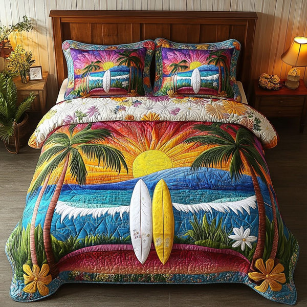 Floral Surf quilted 3-piece bedding set on a made bed in a light coastal bedroom