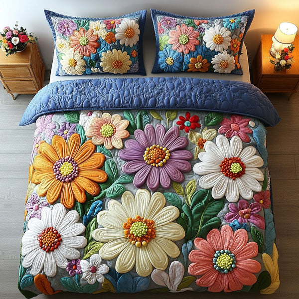 Floral Symphony quilted 3-piece bedding set on a made bed with two matching pillow shams