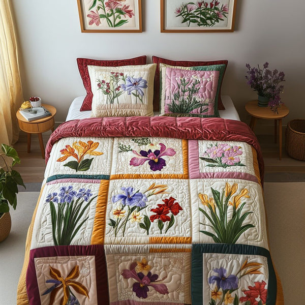 Floral Symphony quilted 3-piece bedding set on a made bed with two matching pillow shams