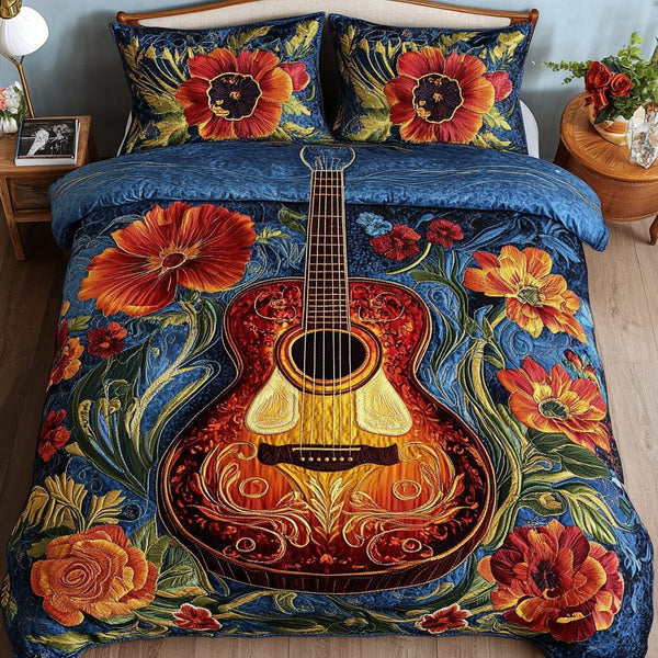 Floral Symphony quilted 3-piece bedding set on a made bed with two matching pillow shams