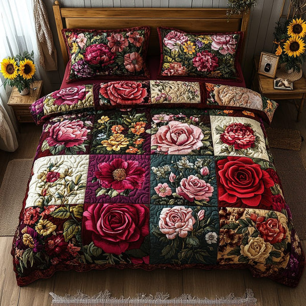 Floral Symphony quilted 3-piece bedding set on a made bed with two matching pillow shams